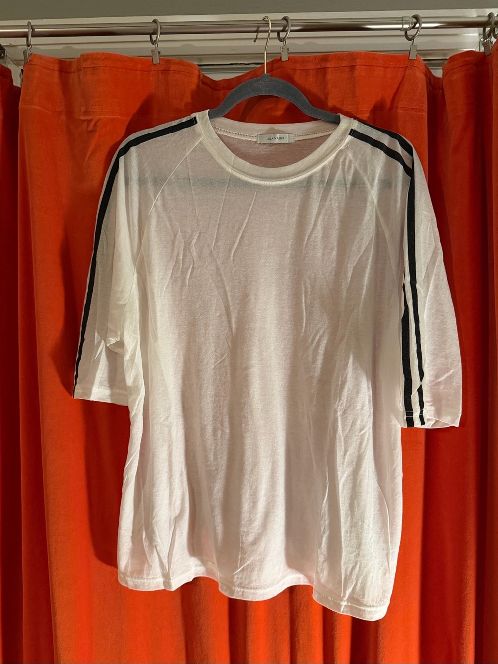 Jeanasis White womens Short-Sleeve Tee with Black Shoulder Stripes
